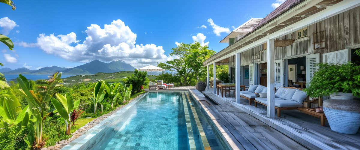 Concept art of an article about Nevis Corporation: beautiful house with swimming pool in Nevis (AI Art)