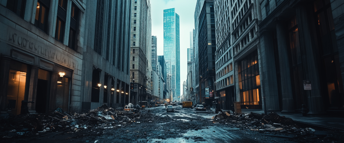 Concept art of an article about Economic Collapse Disaster Preparedness: deserted, collapsing city with crumbling buildings and empty streets (AI Art)