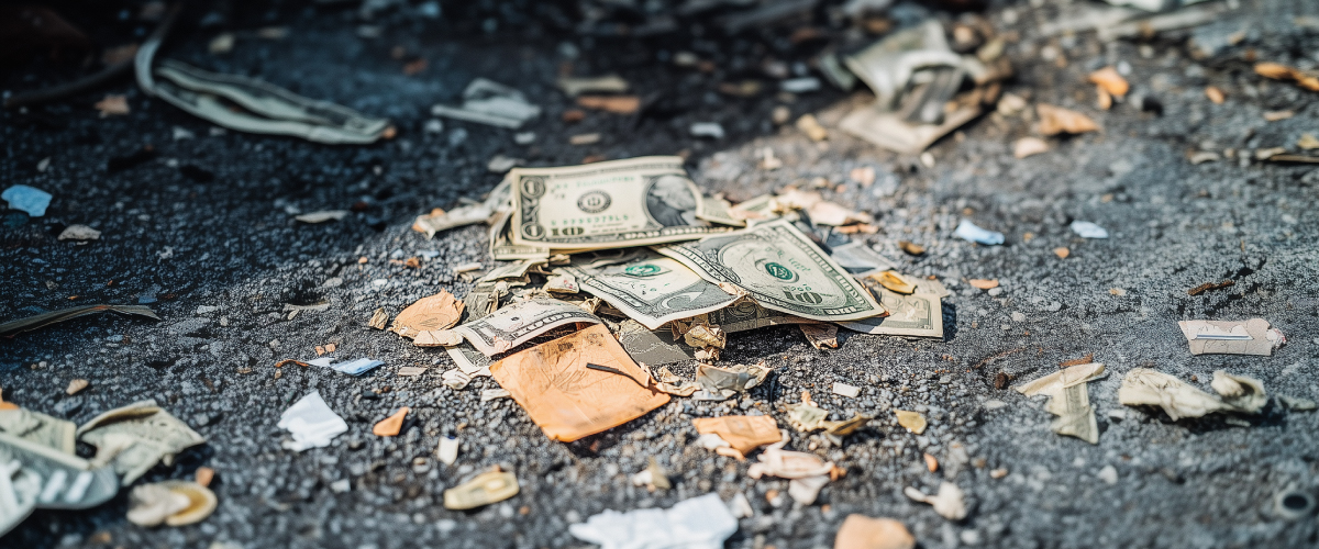 Concept art of an article about Inflation is Transitory, But Are You Ready for It: torn up US dollar bills on dirty ground (AI Art)