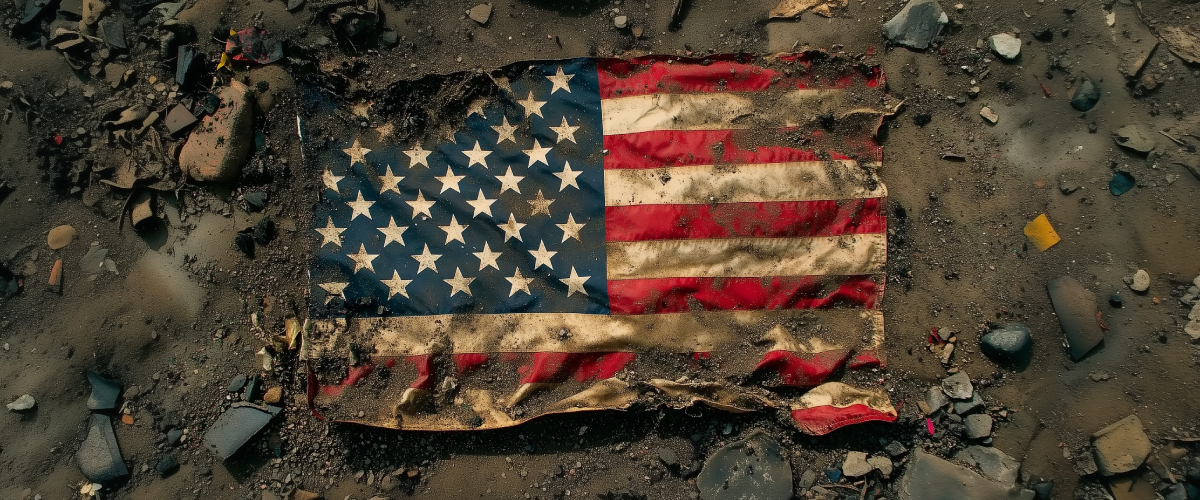 Concept art of an article about Inflation Impact on Society: dirty American flag lying on the ground (AI Art)