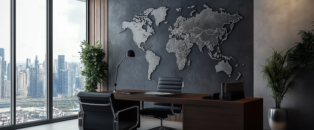 Concept art of an article about the Impact of Deglobalization on Global Trade and Economy - End of Globalization: modern office with world map on the wall (AI Art)