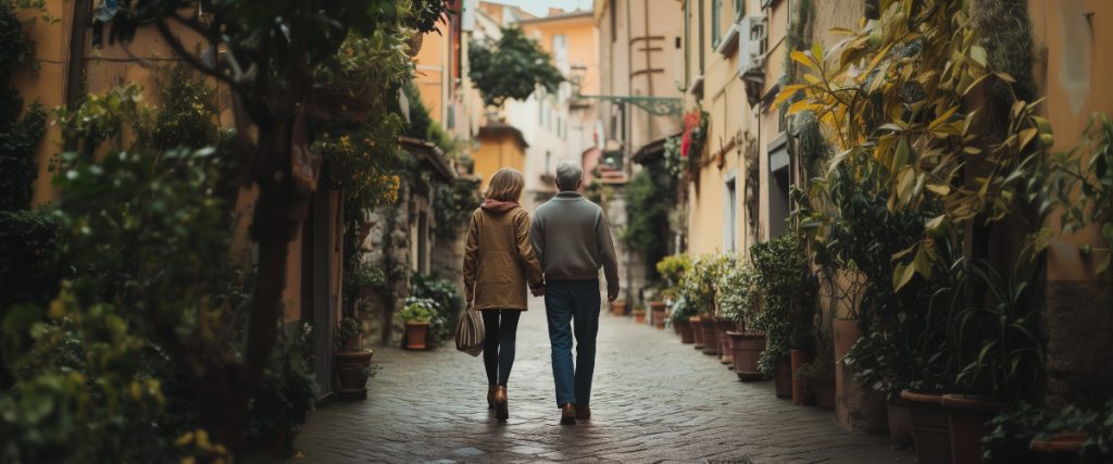 Concept art of an article about the Italy Flat Tax Regime: couple strolling hand-in-hand through picturesque Italian town (AI Art)