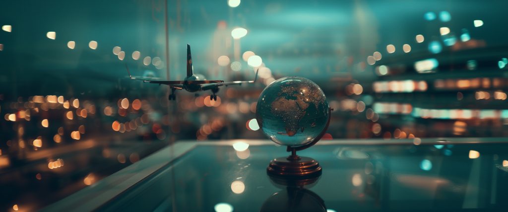 Concept art of an article about How to Move Out of the US: globe on a glass table and an airplane flying by outside the window (AI Art)