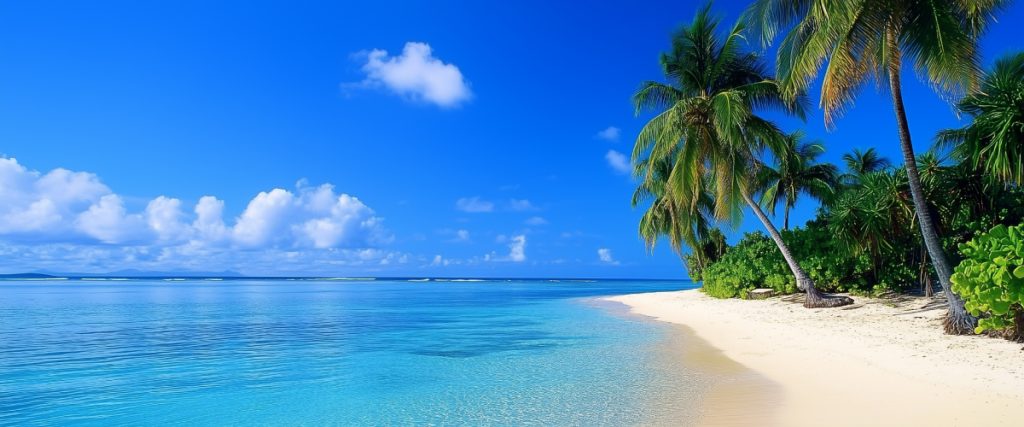 Concept art of an article about an Offshore Trust: white sandy beach with palm trees and turquoise ocean (AI Art)